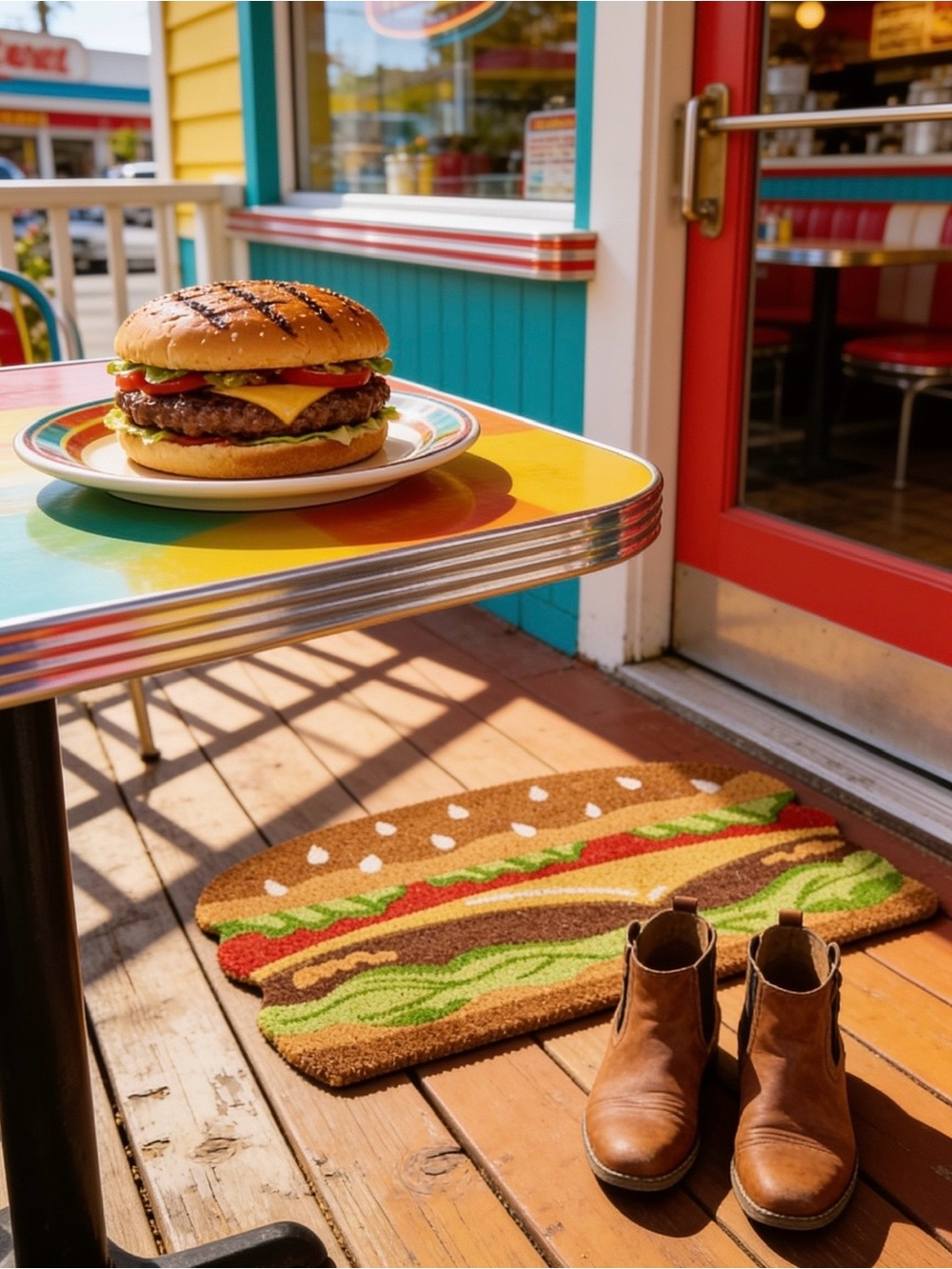 Hamburger Doormat in Brown, Green, Red, Cream - Home Accents